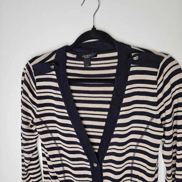 Max Mara Weekend Silk Cardigan Sz L Button Front Striped Navy Blue Beige - Picture 2 of 11